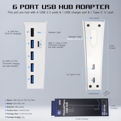 arVin 6 Port USB Hub for PS5 Pro & PS5 Slim Console Disc/Digital, High-Speed Extra USB Ports for PS5 Slim Pro Accessories, PS5 Hub Charger Splitter Adapter with 4 USB 2.0 + 1 USB Charging Port +1 Type C 3.0 - Image 3