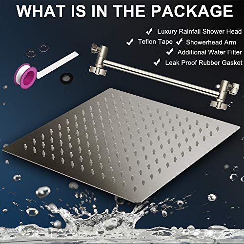 PinWin 12 Inch Square Rain Showerhead with 11 Inch Adjustable Extension Arm,Large Stainless Steel High Pressure Shower Head,Ultra Thin Rainfall Bath Shower with Easy to Clean and Install-Brushed Nickel - Image 2