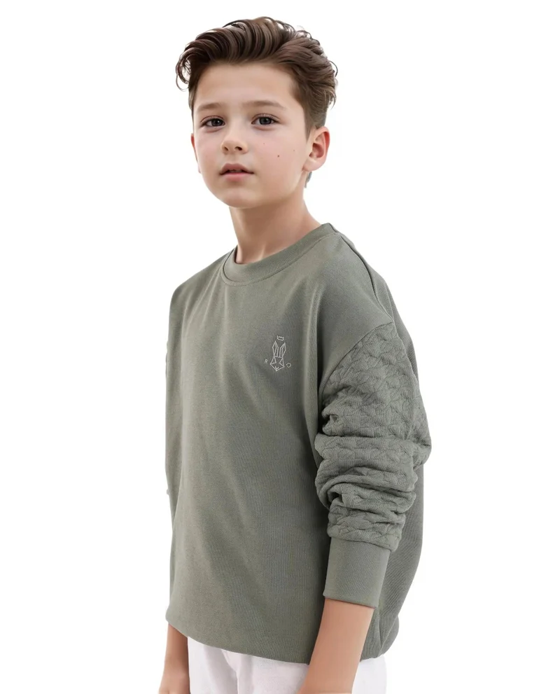 Rare Ones Rare Ones Kids Taron Dusky Green Cotton Poly Full Sleeve Embroidered Sweatshirt