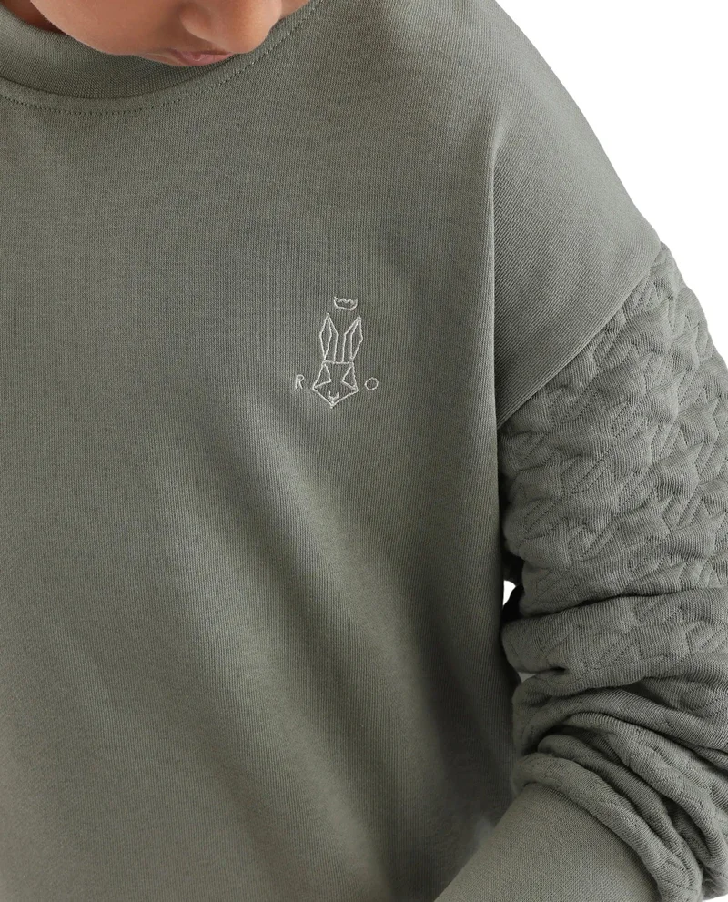Rare Ones Rare Ones Kids Taron Dusky Green Cotton Poly Full Sleeve Embroidered Sweatshirt
