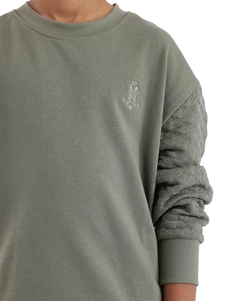 Rare Ones Rare Ones Kids Taron Dusky Green Cotton Poly Full Sleeve Embroidered Sweatshirt