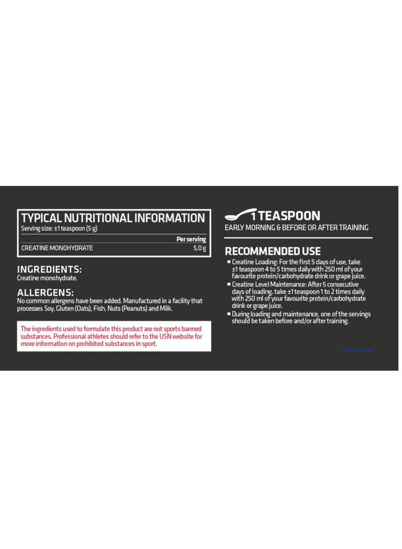 USN Pure Creatine Monohydrate 200g Unflavored To Support Muscle Performance, Growth And Power - Image 2