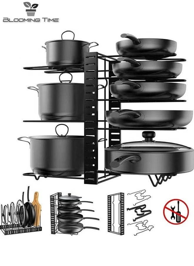 BLOOMING TIME - 8 Tiers Adjustable Pots and Pans Rack Organizer, Large Capacity Pot Lid Holders & Pan Rack for Kitchen Cabinet and Counter with 3 DIY Methods Black 40.8 x 26.4 x 10.8cm - Image 1