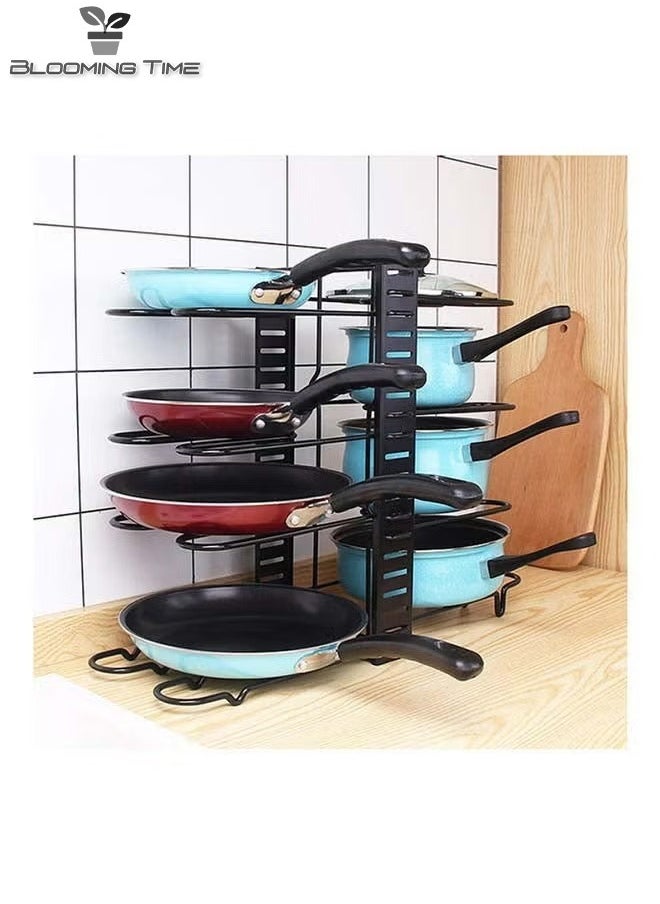 BLOOMING TIME - 8 Tiers Adjustable Pots and Pans Rack Organizer, Large Capacity Pot Lid Holders & Pan Rack for Kitchen Cabinet and Counter with 3 DIY Methods Black 40.8 x 26.4 x 10.8cm - Image 1