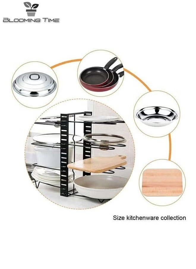 BLOOMING TIME - 8 Tiers Adjustable Pots and Pans Rack Organizer, Large Capacity Pot Lid Holders & Pan Rack for Kitchen Cabinet and Counter with 3 DIY Methods Black 40.8 x 26.4 x 10.8cm - Image 1