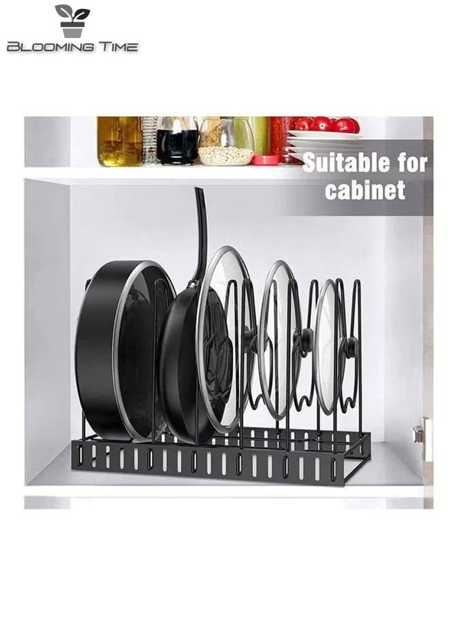 BLOOMING TIME - 8 Tiers Adjustable Pots and Pans Rack Organizer, Large Capacity Pot Lid Holders & Pan Rack for Kitchen Cabinet and Counter with 3 DIY Methods Black 40.8 x 26.4 x 10.8cm - Image 1
