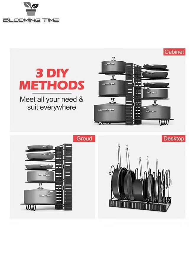 BLOOMING TIME - 8 Tiers Adjustable Pots and Pans Rack Organizer, Large Capacity Pot Lid Holders & Pan Rack for Kitchen Cabinet and Counter with 3 DIY Methods Black 40.8 x 26.4 x 10.8cm - Image 1