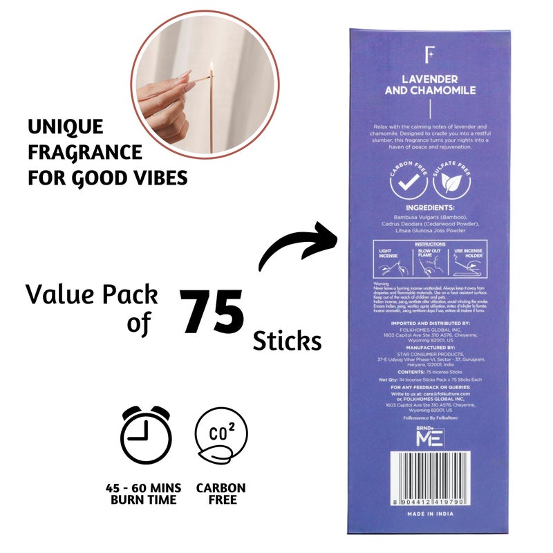 Folkulture Incense Stick For Home | Pack Of 75 (8"") Non Toxic Insence-Sticks For Meditation With 45 Mins Burn Time | Organic Insence  Lavender Inscents-Sticks | Chamomile Inscent Stick For Gifts - Image 2