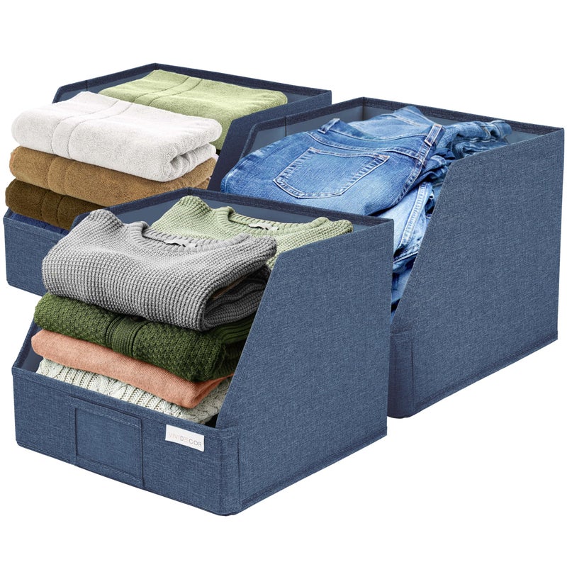 VIVIDECOR Trapezoid Storage Bins â€“ 12x12x10 Fabric Storage Baskets, Collapsible Easy-Access Organiser Boxes for Baby Clothes, Kids Room Organizer â€“ Navy Blue, 3 Pack - Image 1