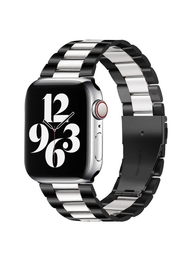 Replacement Strap For Apple Watch Series 9&8&7 41mm / SE 3&SE 2&6&SE&5&4 40mm / 3&2&1 38mm Fold Buckle 3 Beads Stainless Steel Watch Band Black Silver 