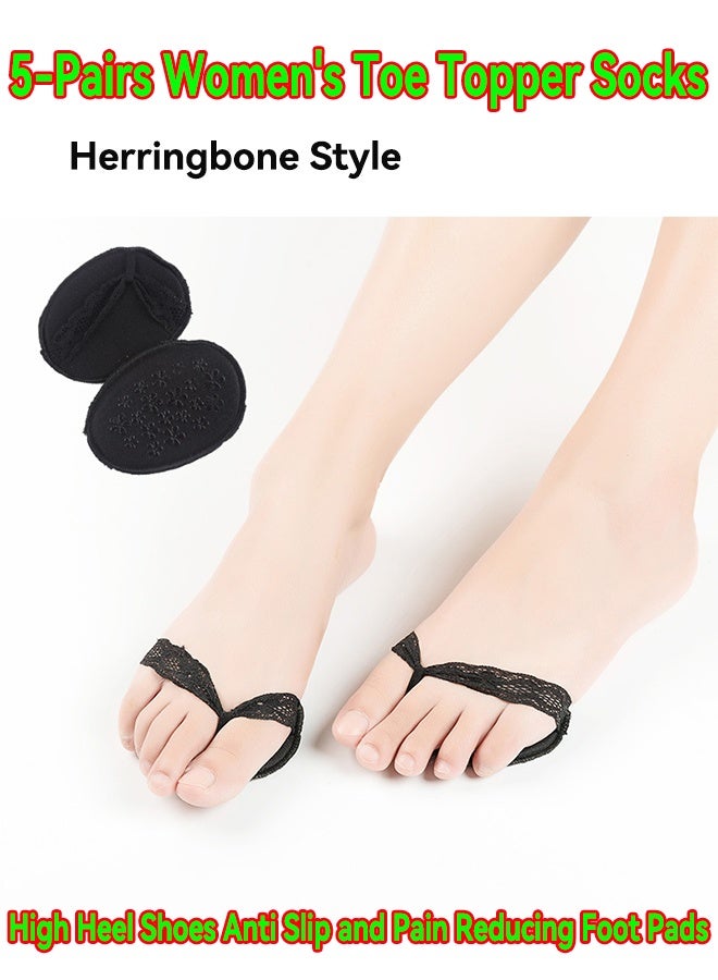 5-Pairs Women's Toe Topper Socks,Herringbone Style Forefoot Half Socks,High Heel Shoes Anti Slip and Pain Reducing Foot Pads,Invisible Foot Protection Socks,One Size,Colour Black - Image 1