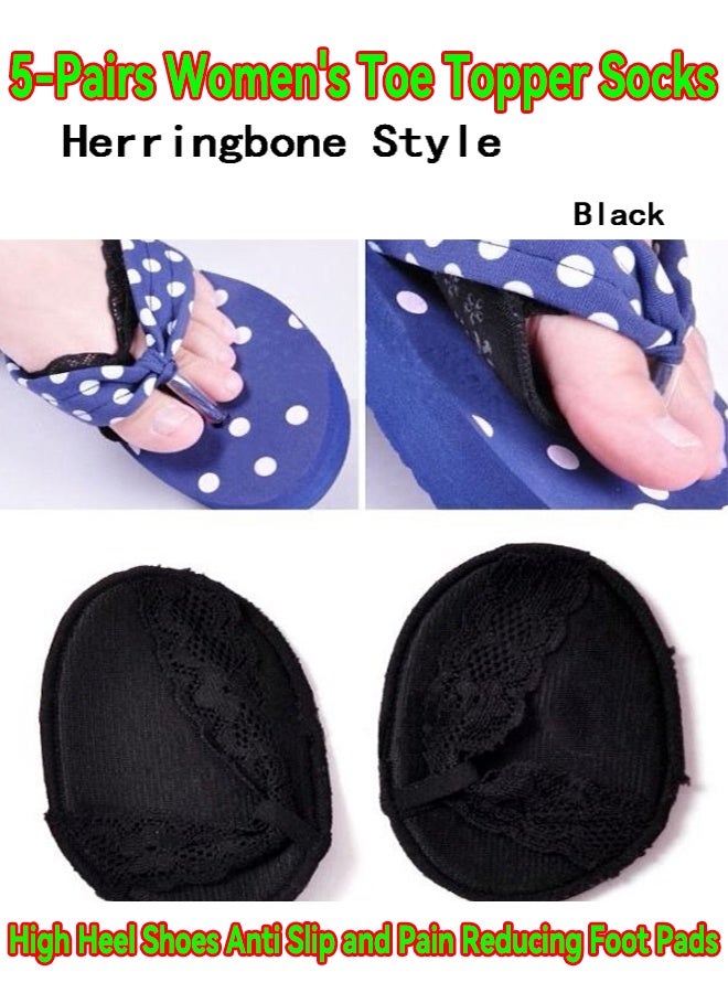 5-Pairs Women's Toe Topper Socks,Herringbone Style Forefoot Half Socks,High Heel Shoes Anti Slip and Pain Reducing Foot Pads,Invisible Foot Protection Socks,One Size,Colour Black - Image 2