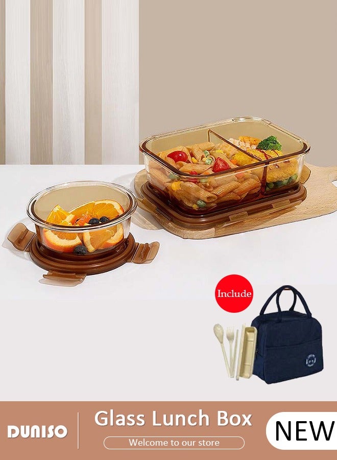 DUNISO 2 PCS Glass Lunch Box with Tableware, Leak-Proof Bento-Style Food Container with Airtight Lid and Divided, Reusable Airtight Food Storage Box with Lunch Bag, Food Storage Containers for Adults Kids Teens, Glass Meal Prep Containers for Storage/Food Container/Bento Lunch Box  - Image 1