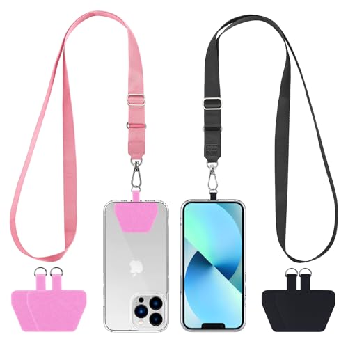 CACOE Phone Lanyard 2 Pcs Adjustable Neck Strap,4 Pcs Patches,Universal Crossbody Multifuctional Patch Cell Phone Lanyards Compatible with Most Smartphones(Black+Pink) - Image 1