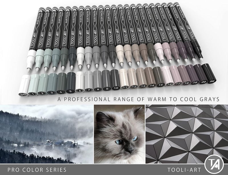 TOOLI-ART Acrylic Paint Pens Gray Tones 22 Assorted Pro Color Series Grey Markers Set 0.7mm Extra Fine Tip for Rock Painting, Glass, Mugs, Wood, Metal, Canvas, DIY Projects, Non Toxic, Waterbased, Quick Drying - Image 2
