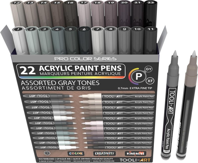 TOOLI-ART Acrylic Paint Pens Gray Tones 22 Assorted Pro Color Series Grey Markers Set 0.7mm Extra Fine Tip for Rock Painting, Glass, Mugs, Wood, Metal, Canvas, DIY Projects, Non Toxic, Waterbased, Quick Drying - Image 1