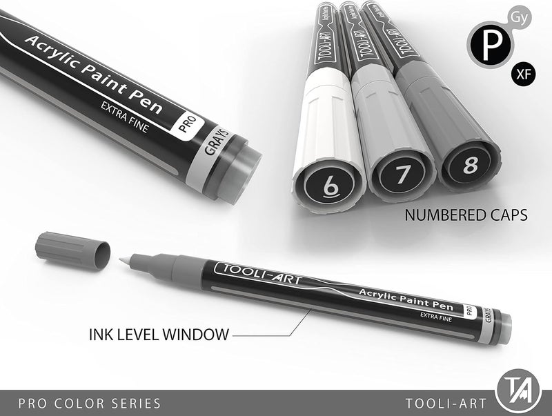 TOOLI-ART Acrylic Paint Pens Gray Tones 22 Assorted Pro Color Series Grey Markers Set 0.7mm Extra Fine Tip for Rock Painting, Glass, Mugs, Wood, Metal, Canvas, DIY Projects, Non Toxic, Waterbased, Quick Drying - Image 5