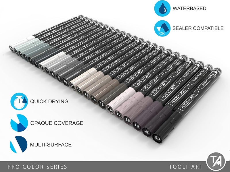 TOOLI-ART Acrylic Paint Pens Gray Tones 22 Assorted Pro Color Series Grey Markers Set 0.7mm Extra Fine Tip for Rock Painting, Glass, Mugs, Wood, Metal, Canvas, DIY Projects, Non Toxic, Waterbased, Quick Drying - Image 3