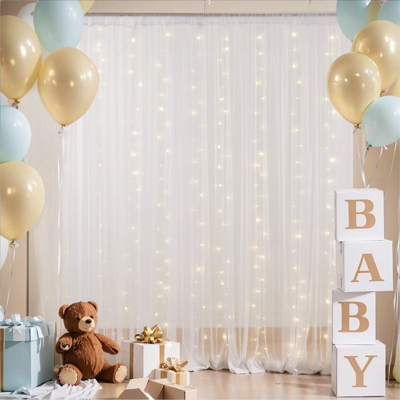 PARTISKY 10x10ft White Tulle Backdrop Curtain with Lights String for Parites, Sheer Curtain Backdrop Drapes for Wedding Baby Shower Bridal Shower Birthday Party Photography Background Decoration - Image 2