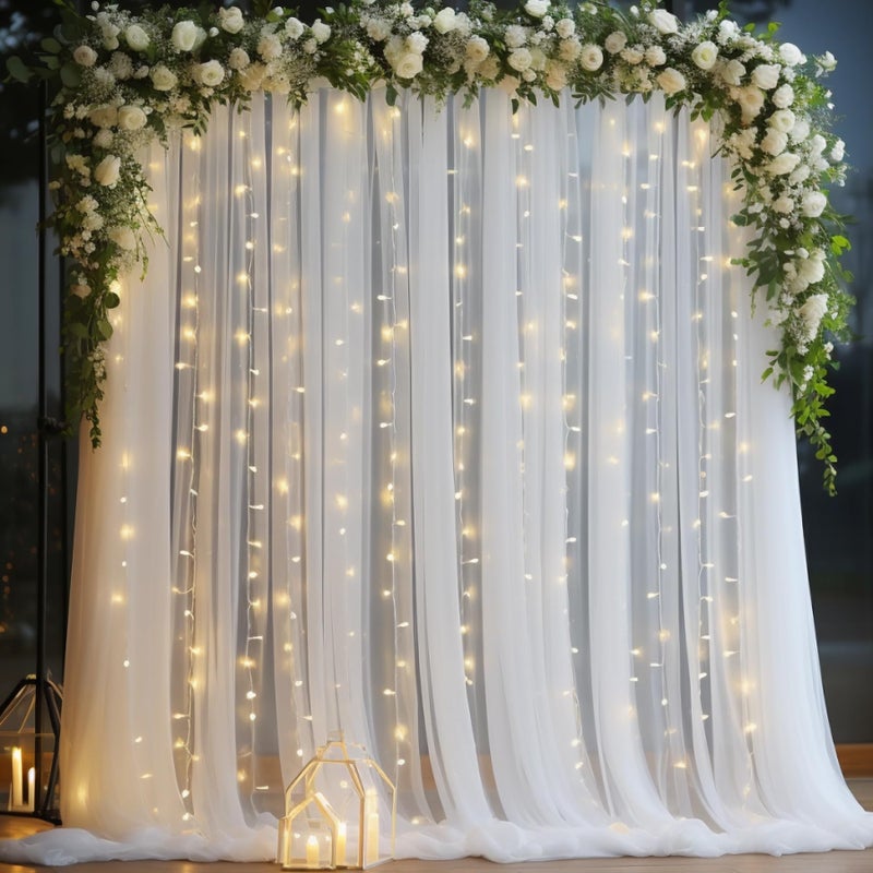 PARTISKY 10x10ft White Tulle Backdrop Curtain with Lights String for Parites, Sheer Curtain Backdrop Drapes for Wedding Baby Shower Bridal Shower Birthday Party Photography Background Decoration - Image 1
