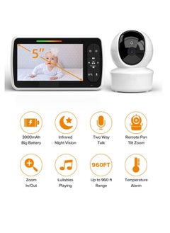 KASTWAVE Baby Monitor, 5” Large Display Video Baby Monitor with Remote Pan-Tilt-Zoom, Infrared Night Vision, Temperature Display, Lullaby, Two Way Audio, 960ft Range Baby Monitor with Camera and Audio  - Image 2