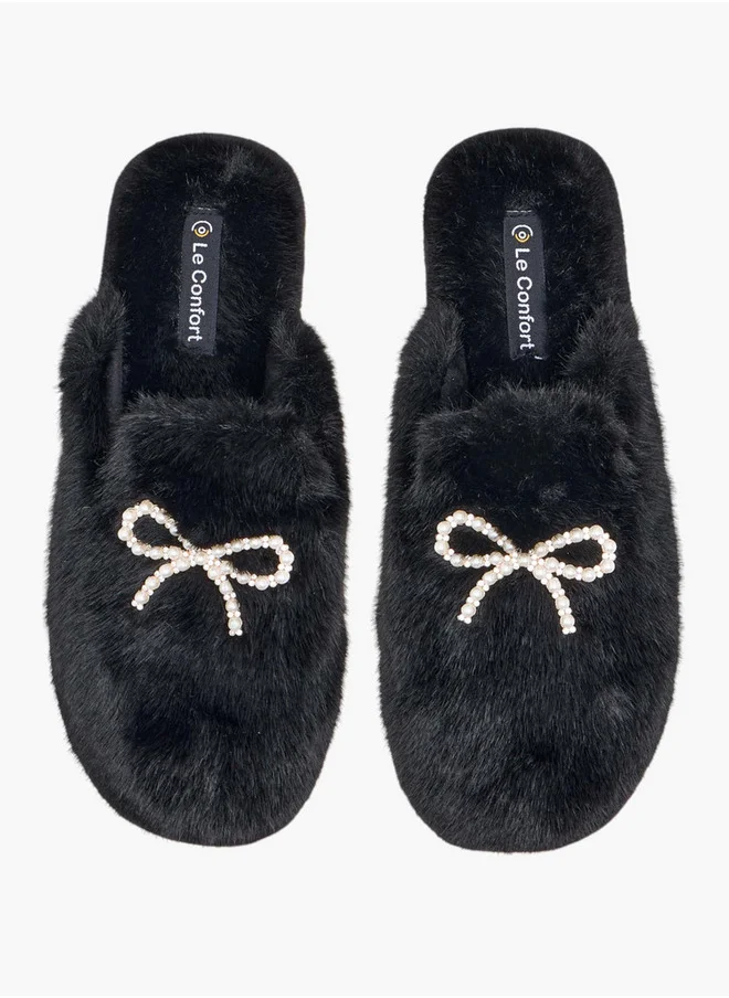 لو كونفورت Women's Bow Embellished Faux Fur Bedroom Mules