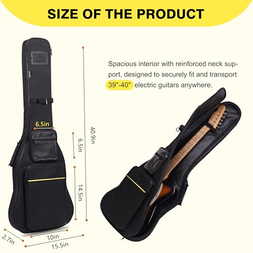 PPOPPO 39 40 Inch Electric Guitar Bag, 0.35 Inch Thick Padding Electric Guitar Case, Waterproof & Shockproof Gig Bag with Multi-Pocket, Adjustable Shoulder Straps & Neck Strap​, Black - Image 2