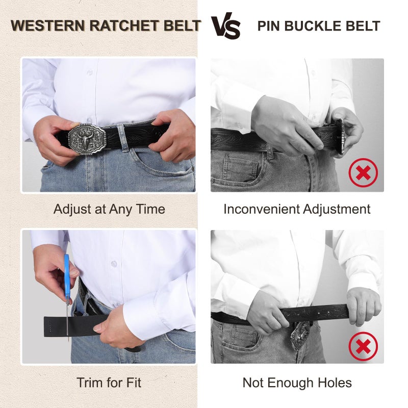 SANSTHS Ratchet Cowboy Belt, Western Ratcheting Belts for Men Ratchet Western Belt with Automatic Cowboy Buckle, Silvery Bull/Black - Image 5
