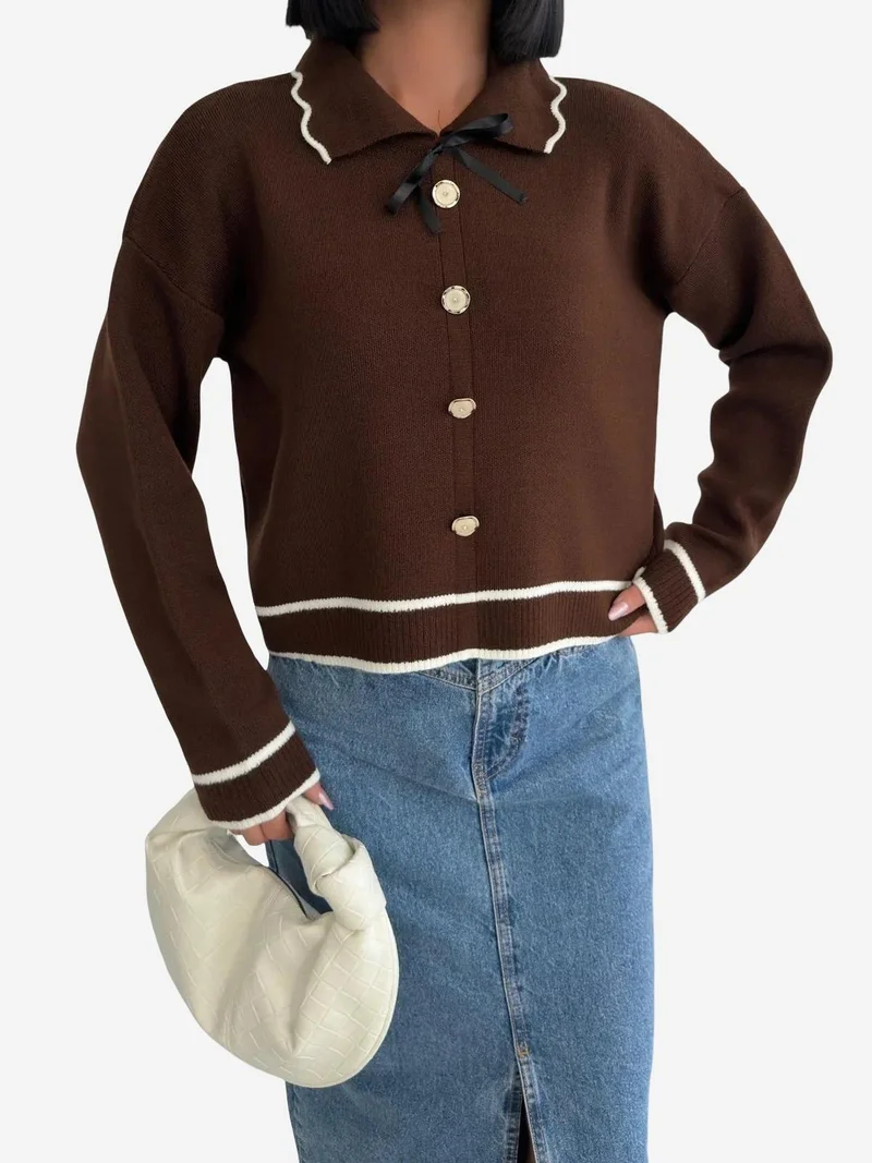 My Fashion Coffee Brown MY FASHION Textured Polo Neck Knit Sweater with Ribbon Detail for Women | Best Price UAE
