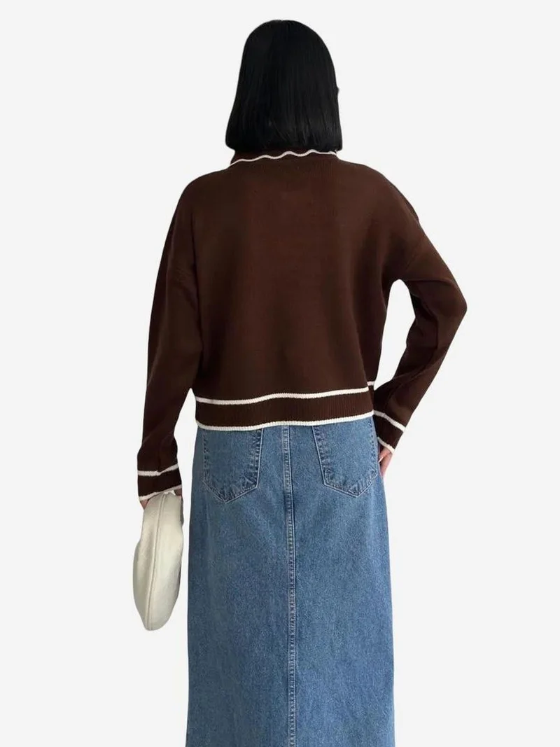 My Fashion Coffee Brown MY FASHION Textured Polo Neck Knit Sweater with Ribbon Detail for Women | Best Price UAE