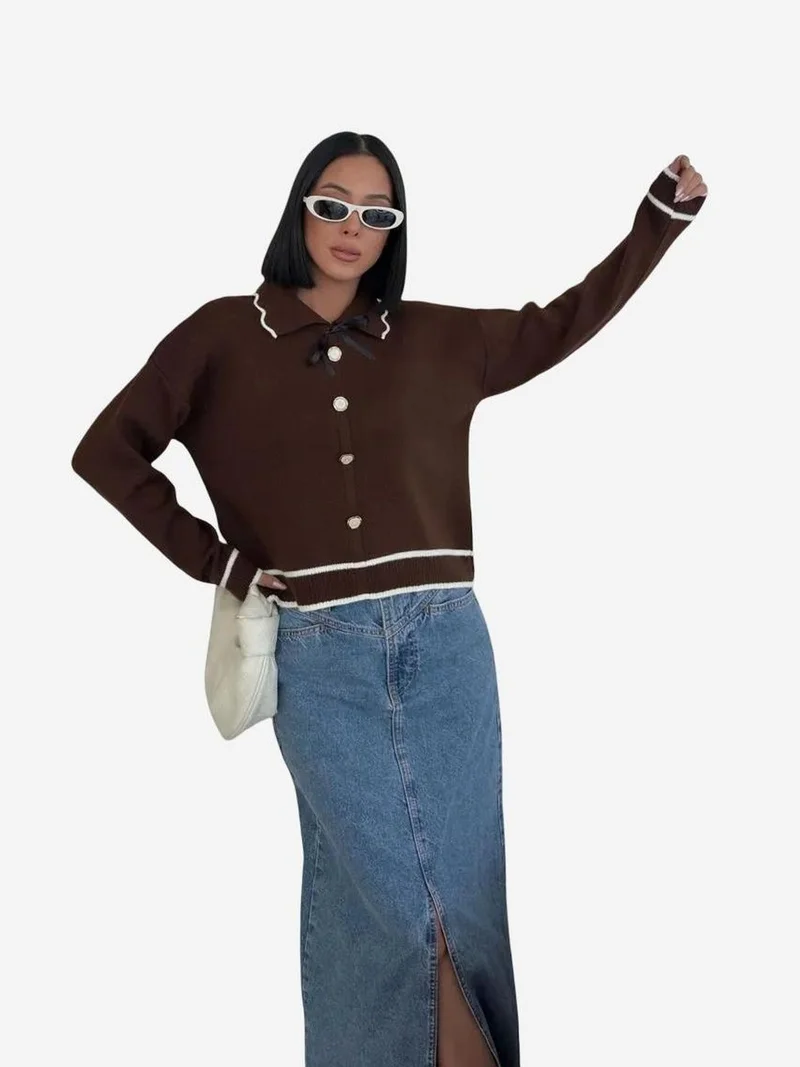 MY FASHION Textured Polo Neck Knit Sweater with Ribbon Detail
