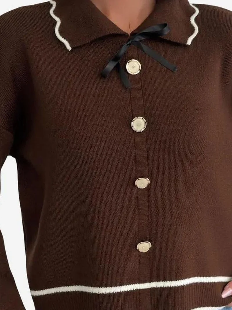 My Fashion Coffee Brown MY FASHION Textured Polo Neck Knit Sweater with Ribbon Detail for Women | Best Price UAE