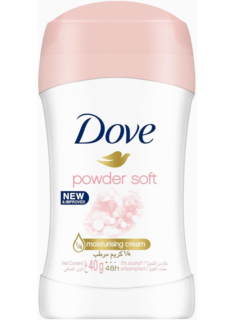 Dove Antiperspirant Deodorant Stick, for 48 hour protection, Powder Soft, alcohol free with ¼ moisturising cream, 40gm - Image 1