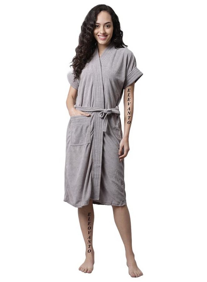 ELEVANTO (GREY) PREMIUM DRY TECH TERRY MATERIAL HALF SLEEVE WITH FRONT POCKET BATHROBE FOR WOMENS - Image 1