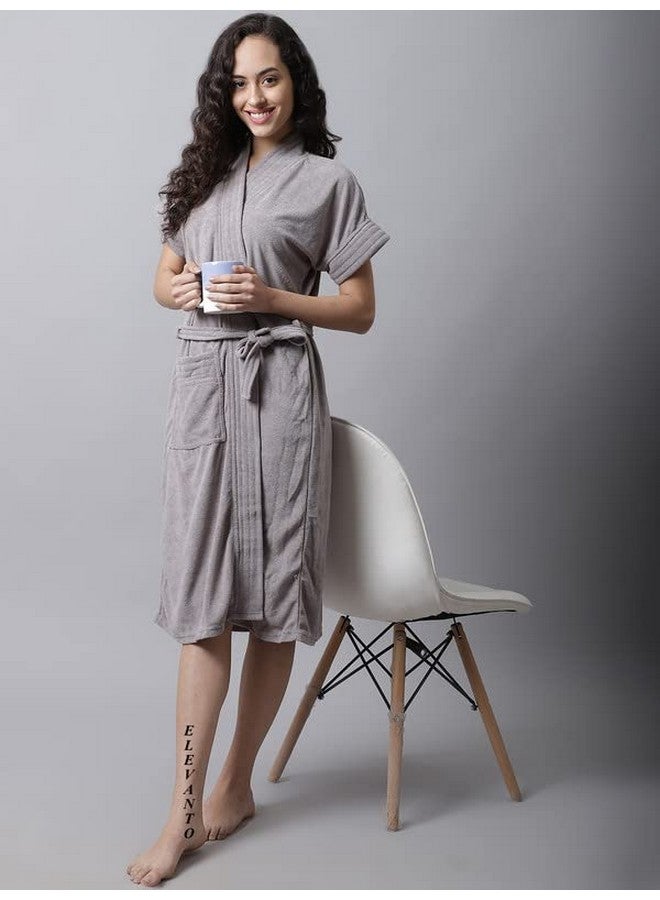ELEVANTO (GREY) PREMIUM DRY TECH TERRY MATERIAL HALF SLEEVE WITH FRONT POCKET BATHROBE FOR WOMENS - Image 5