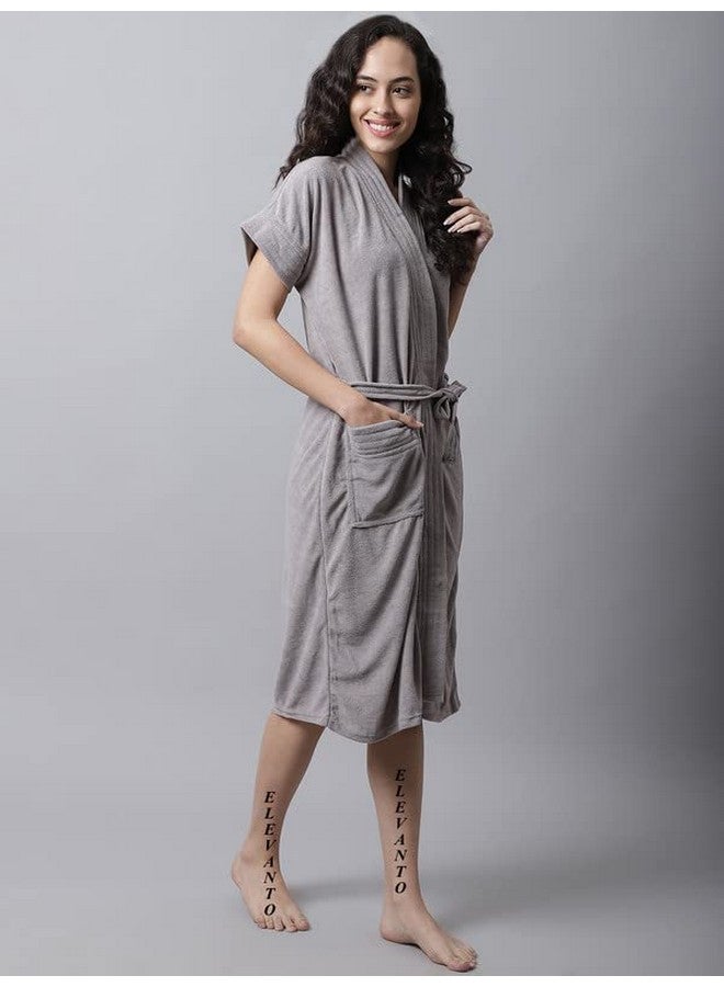 ELEVANTO (GREY) PREMIUM DRY TECH TERRY MATERIAL HALF SLEEVE WITH FRONT POCKET BATHROBE FOR WOMENS - Image 4