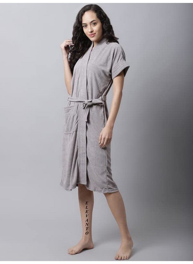 ELEVANTO (GREY) PREMIUM DRY TECH TERRY MATERIAL HALF SLEEVE WITH FRONT POCKET BATHROBE FOR WOMENS - Image 2