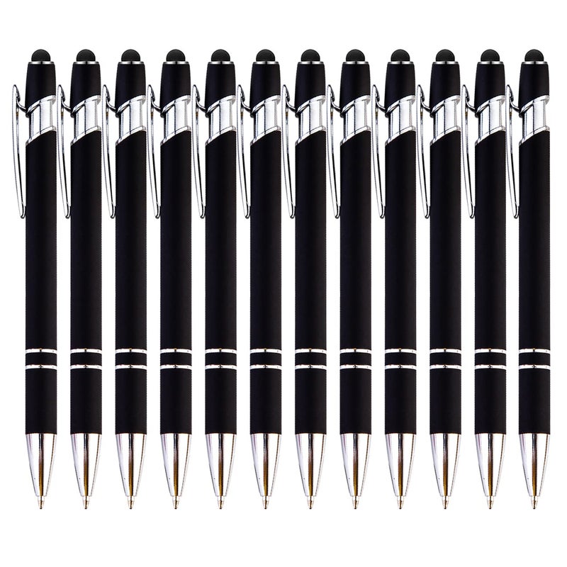 PASISIBICK 12-Piece Black Ballpoint Pen with Stylus Tip, 2 in 1 Stylish Metal Touch Screen Pen - Black Ink, 1.0 mm Medium Point - 5.5 x 0.4 inch / 14 x 1 cm - Image 1