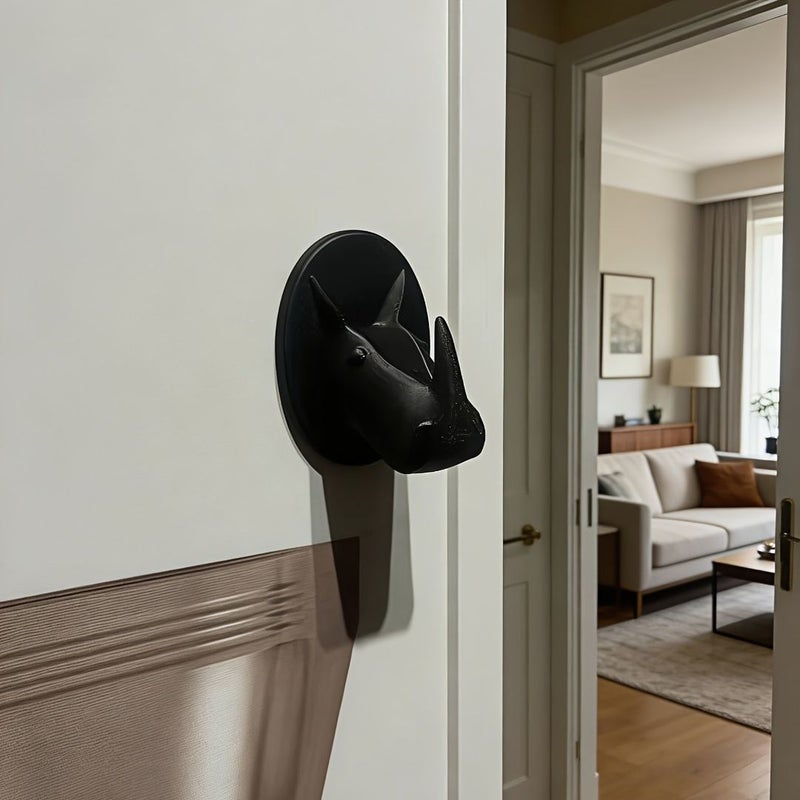 Rhino Head Key Hook Black Natural Horns No Drill Install Holds Keys - Image 4