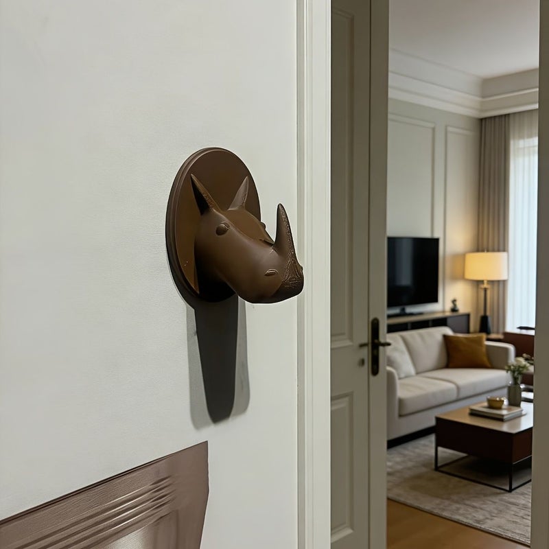 Rhino Head Key Hook Black Natural Horns No Drill Install Holds Keys - Image 5