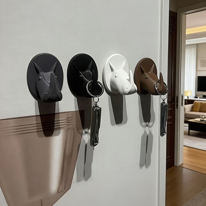Rhino Head Key Hook Black Natural Horns No Drill Install Holds Keys - Image 1