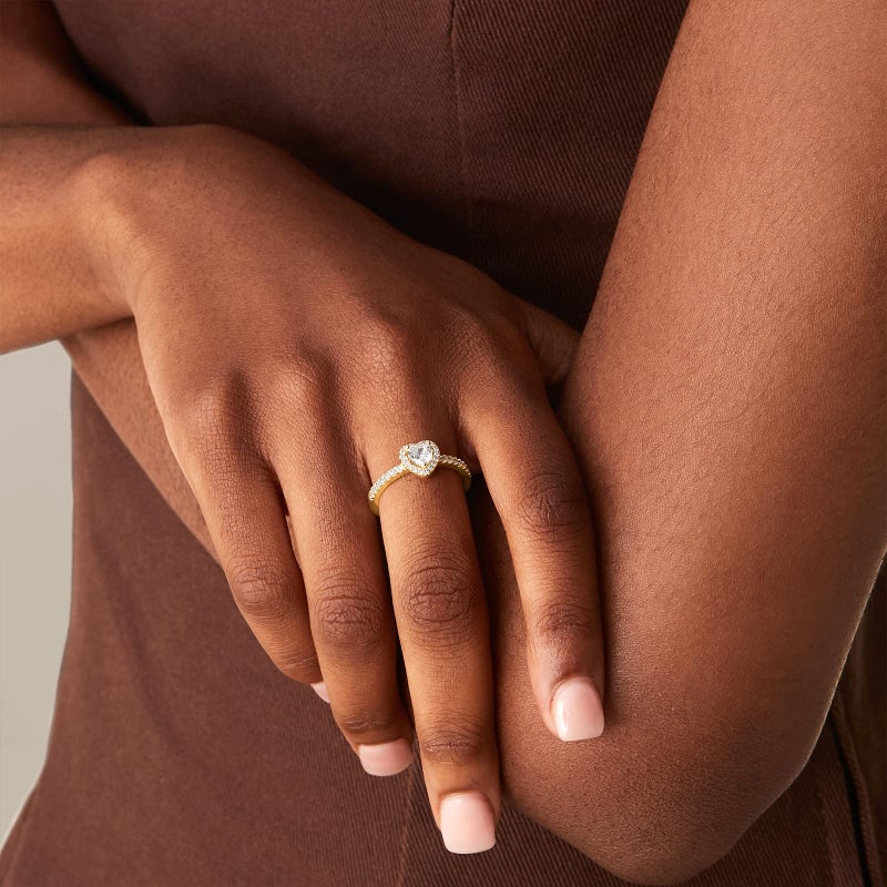 Pavoi 14K Gold Plated Heart Halo Ring For Women | Promise Rings For Her (White Gold  9) - Image 2