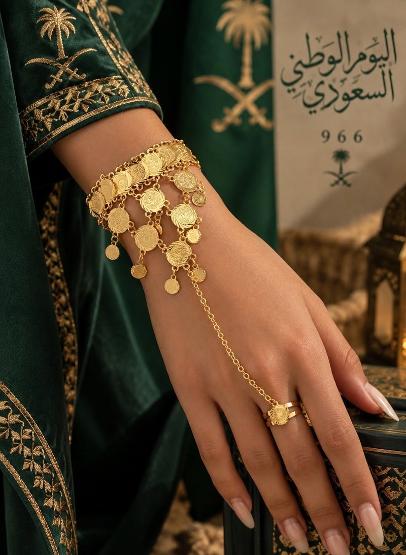 Saudi National Day Decoration – Gold Women’s Bracelet with Ring
A 1-piece gold-plated copper bracelet featuring elegant dangling coin details and an attached ring connected by a delicate chain. Inspired by Eastern design, with a 20 cm length, perfect for adding a stylish and festive touch to your National Day look.
Suitable for Saudi National Day celebrations and decorations. - Image 1