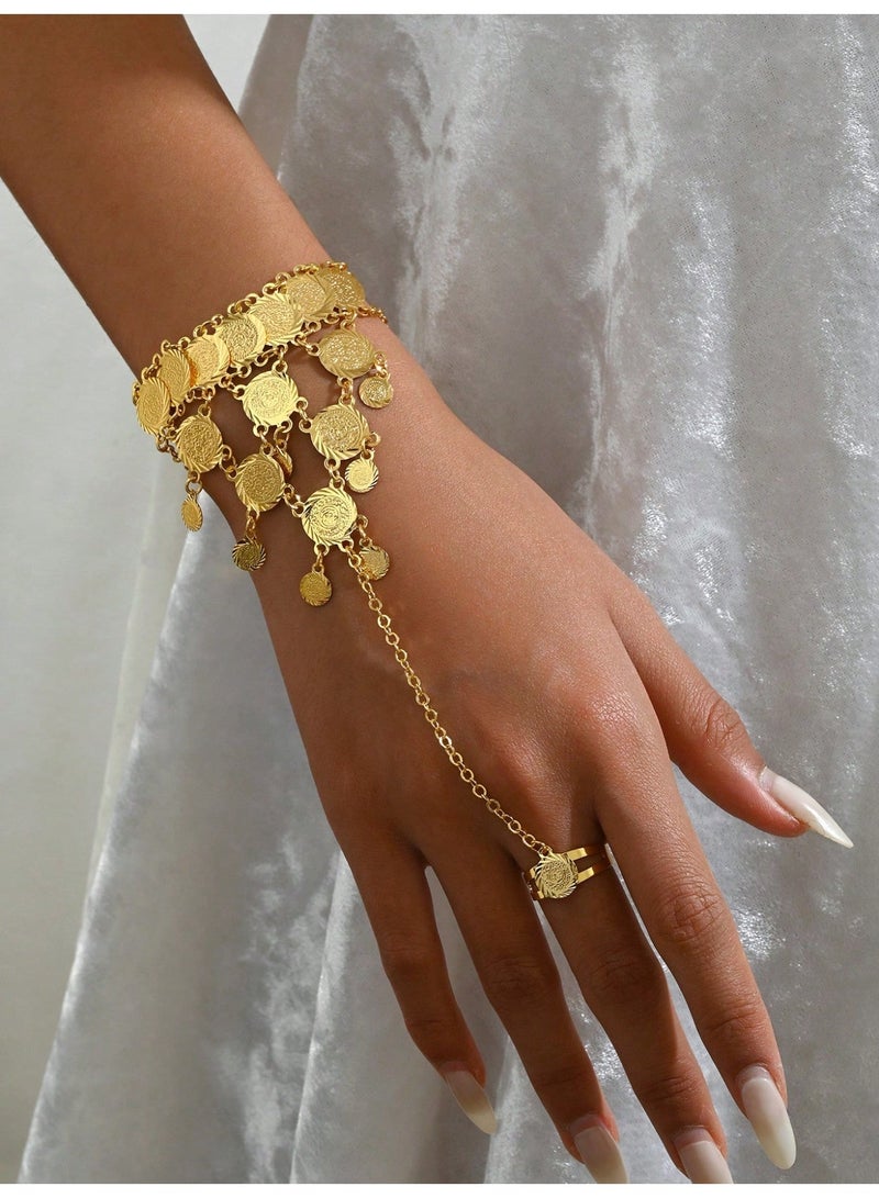 Saudi National Day Decoration – Gold Women’s Bracelet with Ring
A 1-piece gold-plated copper bracelet featuring elegant dangling coin details and an attached ring connected by a delicate chain. Inspired by Eastern design, with a 20 cm length, perfect for adding a stylish and festive touch to your National Day look.
Suitable for Saudi National Day celebrations and decorations. - Image 5