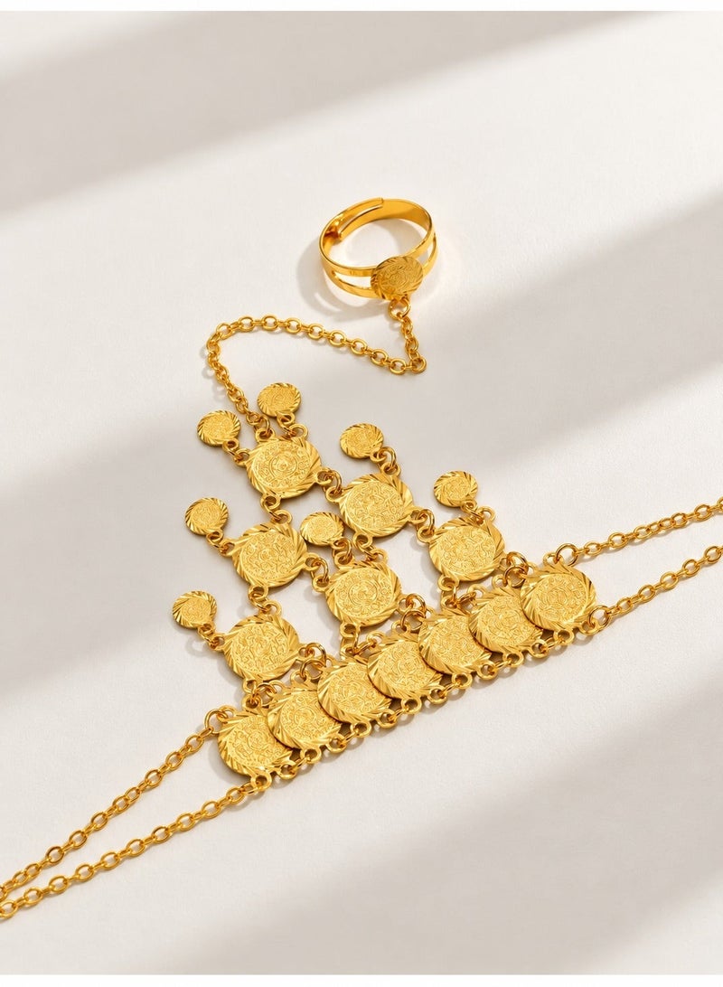 Saudi National Day Decoration – Gold Women’s Bracelet with Ring
A 1-piece gold-plated copper bracelet featuring elegant dangling coin details and an attached ring connected by a delicate chain. Inspired by Eastern design, with a 20 cm length, perfect for adding a stylish and festive touch to your National Day look.
Suitable for Saudi National Day celebrations and decorations. - Image 3