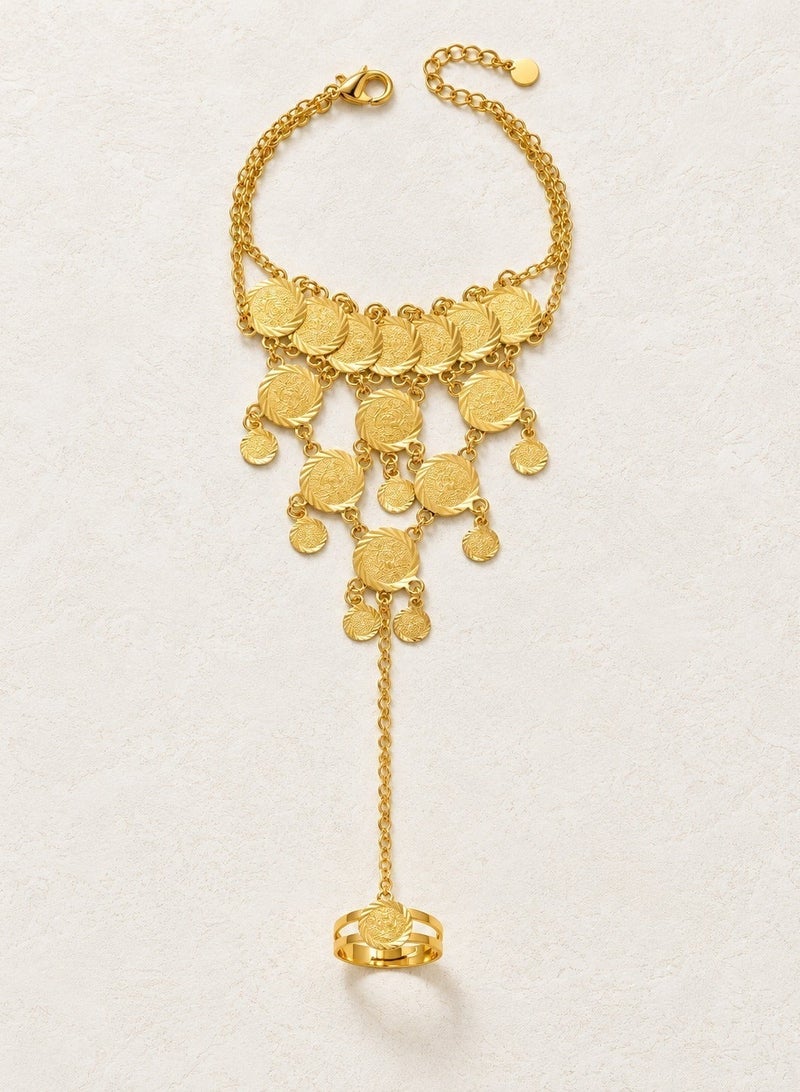 Saudi National Day Decoration – Gold Women’s Bracelet with Ring
A 1-piece gold-plated copper bracelet featuring elegant dangling coin details and an attached ring connected by a delicate chain. Inspired by Eastern design, with a 20 cm length, perfect for adding a stylish and festive touch to your National Day look.
Suitable for Saudi National Day celebrations and decorations. - Image 2