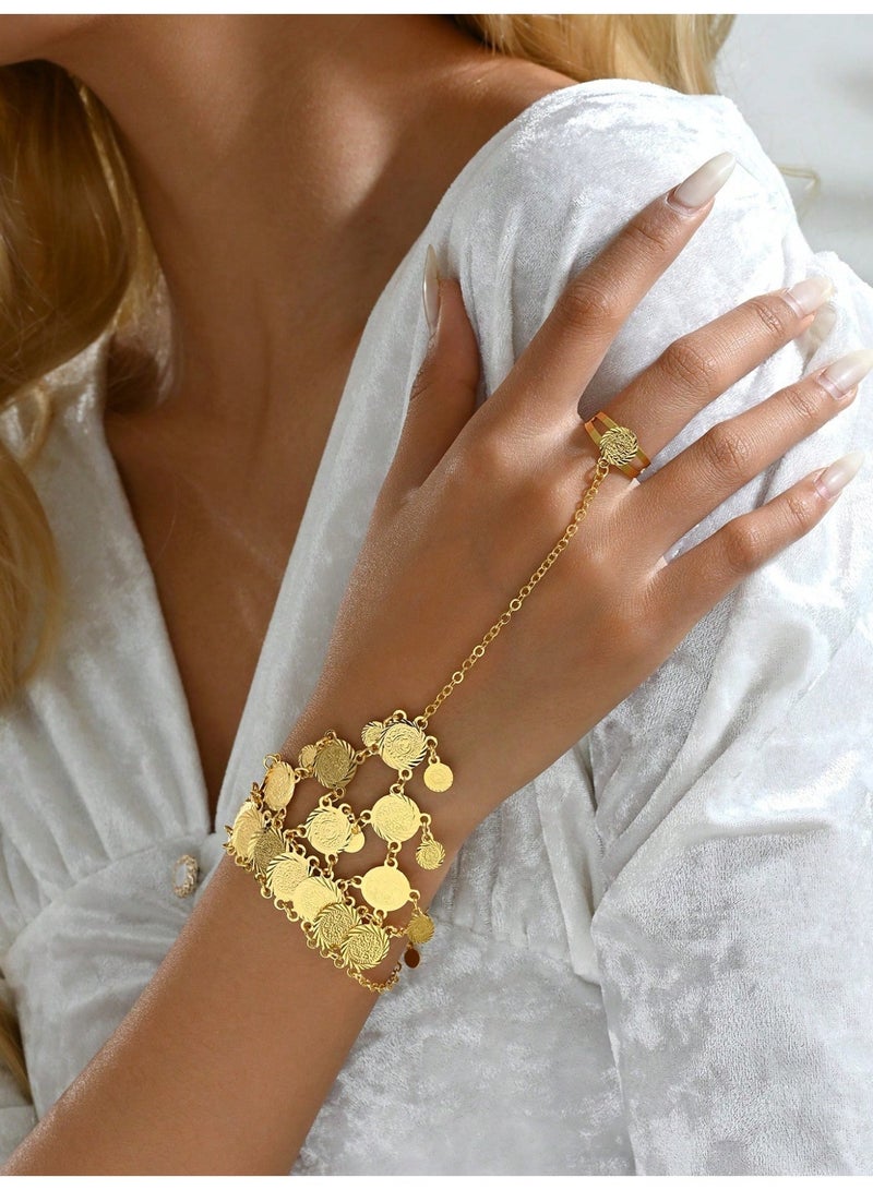 Saudi National Day Decoration – Gold Women’s Bracelet with Ring
A 1-piece gold-plated copper bracelet featuring elegant dangling coin details and an attached ring connected by a delicate chain. Inspired by Eastern design, with a 20 cm length, perfect for adding a stylish and festive touch to your National Day look.
Suitable for Saudi National Day celebrations and decorations. - Image 4
