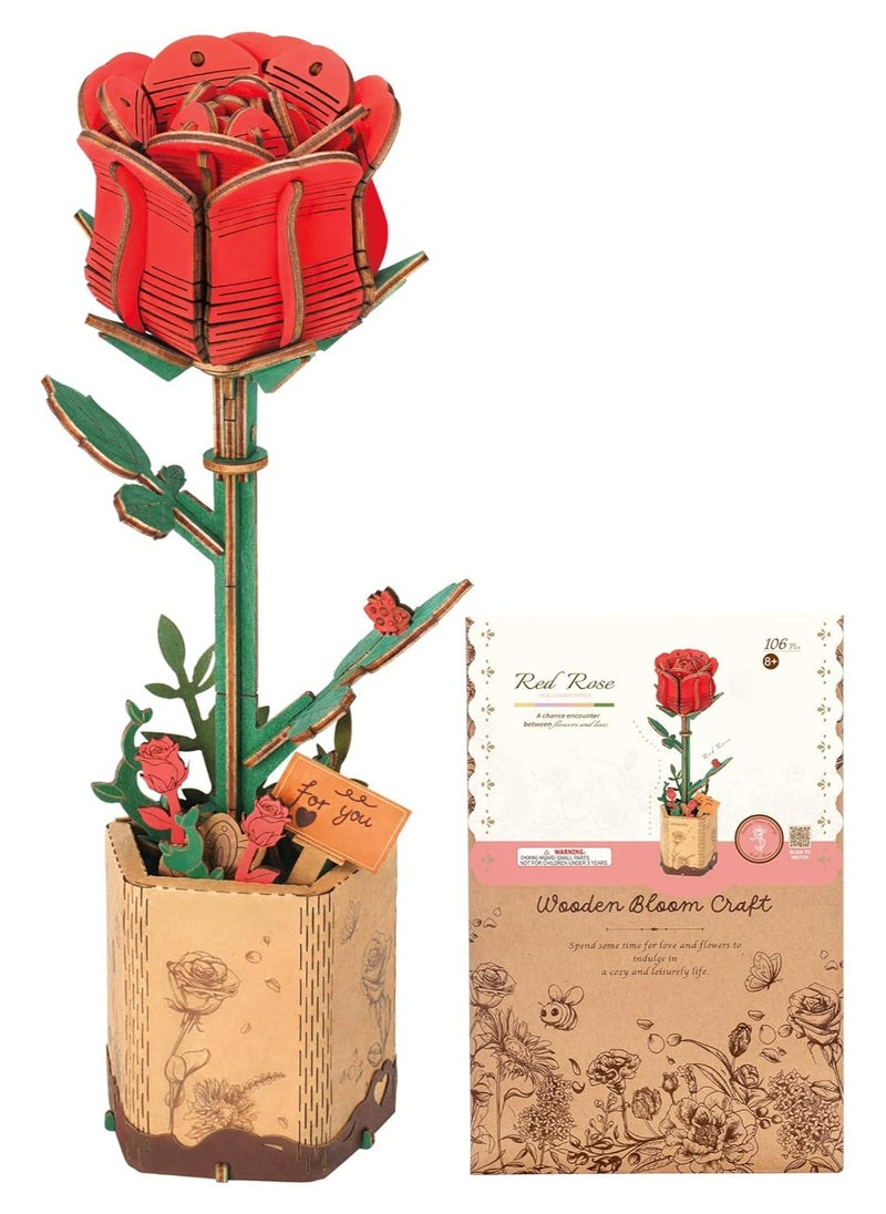 Robotime Rowood DIY Wooden Flower Red Rose TW042 Premium 3D Puzzle Building Kits for Adults & Teens - Decorative Home Décor, Ramadan & Holiday Gift (Eid and Birthday) for Puzzle Enthusiasts, Stress Relief STEM Project  - Image 1