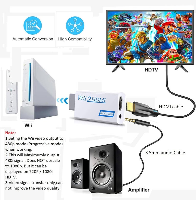 sartyee Wii to HDMI Converter, Wii2 to HDMI for HD Video Audio Output with 3.5mm Audio Jack, Supports All Wii Display Modes 1080P 720P, Wii, Wii U, HDTV, Monitor, NTSC - Image 3