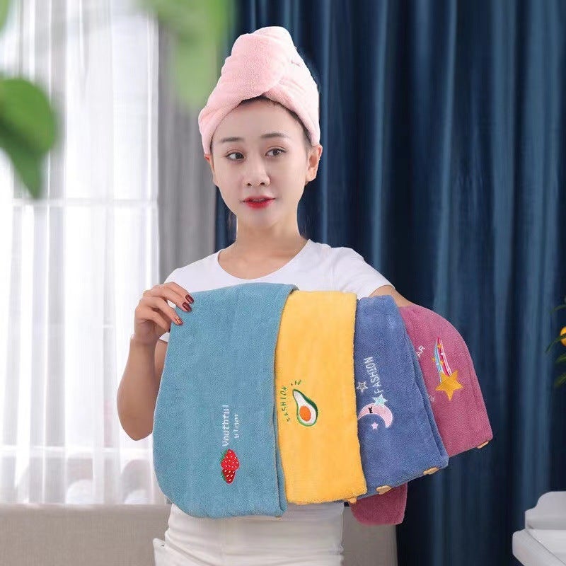 Generic Coral Fleece Thickened Hair Drying Cap Cartoon Embroidery Blue Strawberry